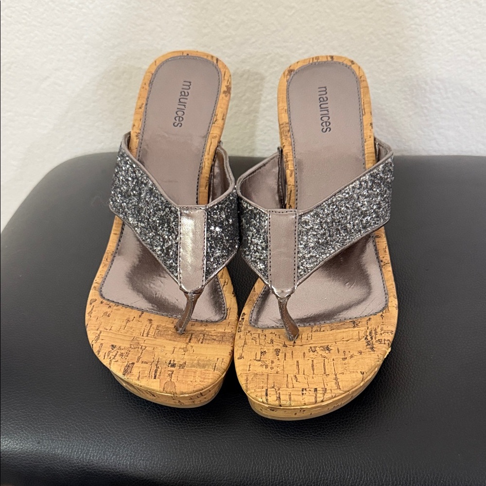 Maurices Glittery Silver and Tan Wedge Sandals NWOT Women’s Size 11